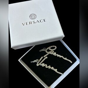 Versace Silver Crystal Script Drop Earrings with Signature Logo